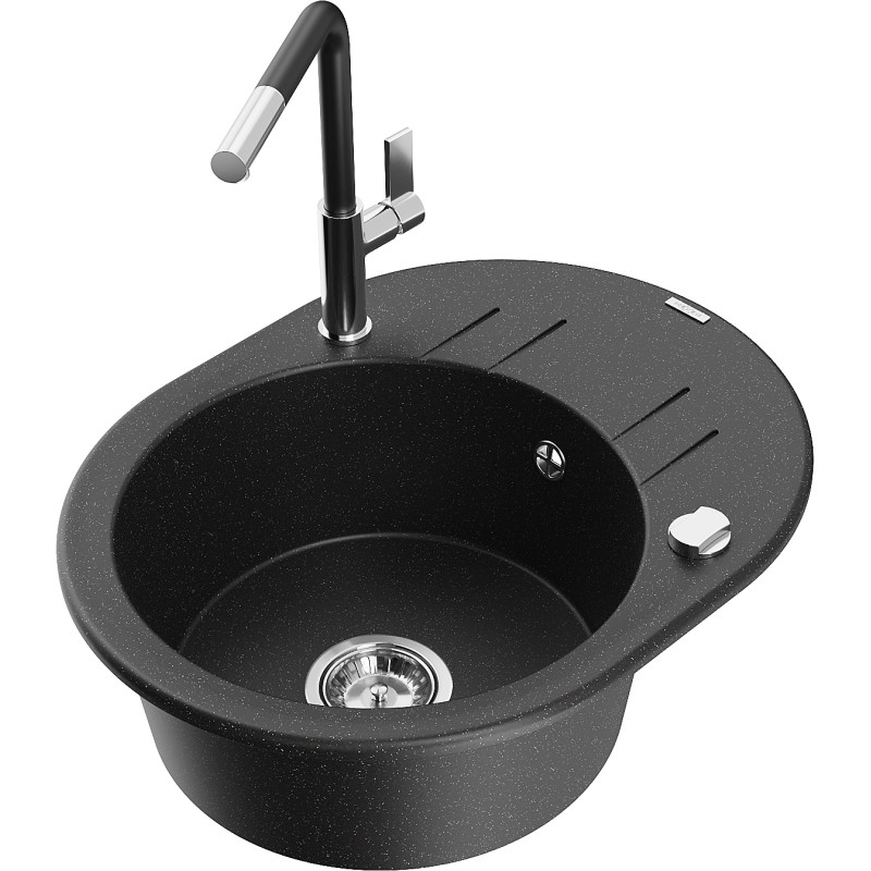 Mexen Kevin lavello in granito a una vasca con sgocciolatoio e rubinetto da cucina Flora, nero/argento metallizzato