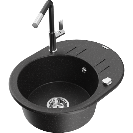 Mexen Kevin 1-bowl granite sink with drainer and Flora kitchen tap, black/silver metallic - 6517-73-670401-07