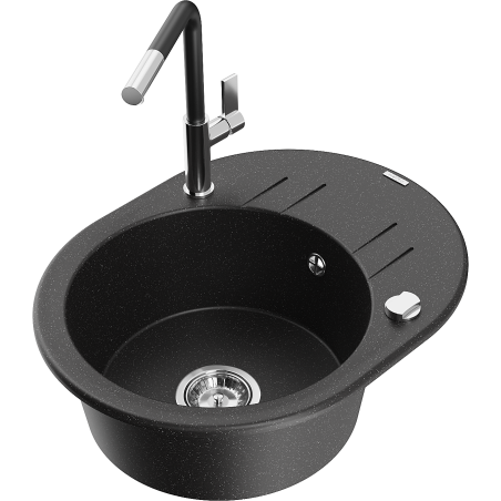 Mexen Kevin granitizlietne ar vienu nodalījumu un noteces zonu, un virtuves jaucējkrānu Flora, melna/sudraba metāliska