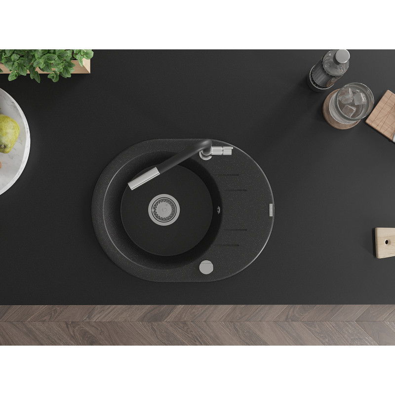 Mexen Kevin fregadero de granito de 1 seno con escurridor y grifo de cocina Flora, negro/plata metálica - 6517-73-670401-07