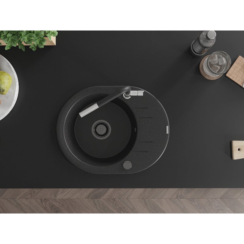 Mexen Kevin lava-loiça de granito 1-bacia com escorredor e torneira de cozinha Flora, preto/prateado metálico