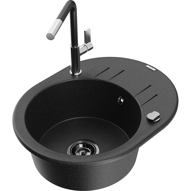 Mexen Kevin fregadero de granito de 1 seno con escurridor y grifo de cocina Flora, negro/plateado metálico