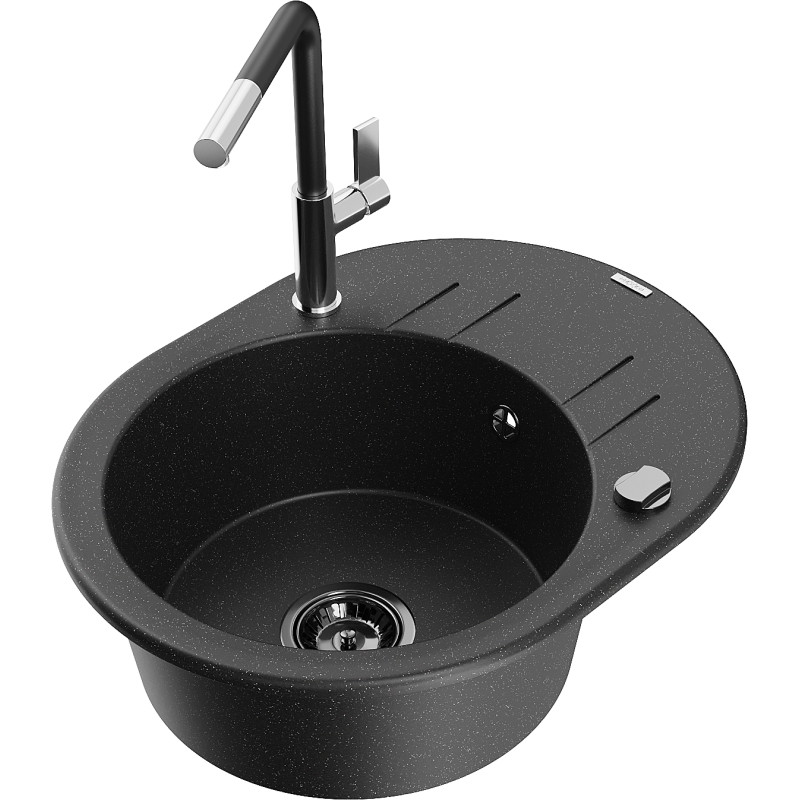 Mexen Kevin granieten spoelbak met 1 bak met afdruiprek en keukenmengkraan Flora, zwart/zilver metallic - 6517-73-670401-07-B