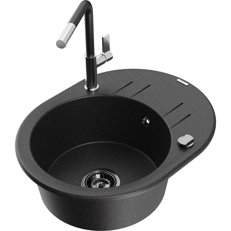 Mexen Kevin single-bowl granite sink with drainer and Flora kitchen tap, black/silver metallic - 6517-73-670401-07-B
