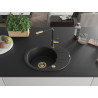Mexen Kevin granitspüle 1-beckig mit Abtropffläche und Küchenarmatur Flora, schwarz/silber metallic - 6517-73-670401-57-G