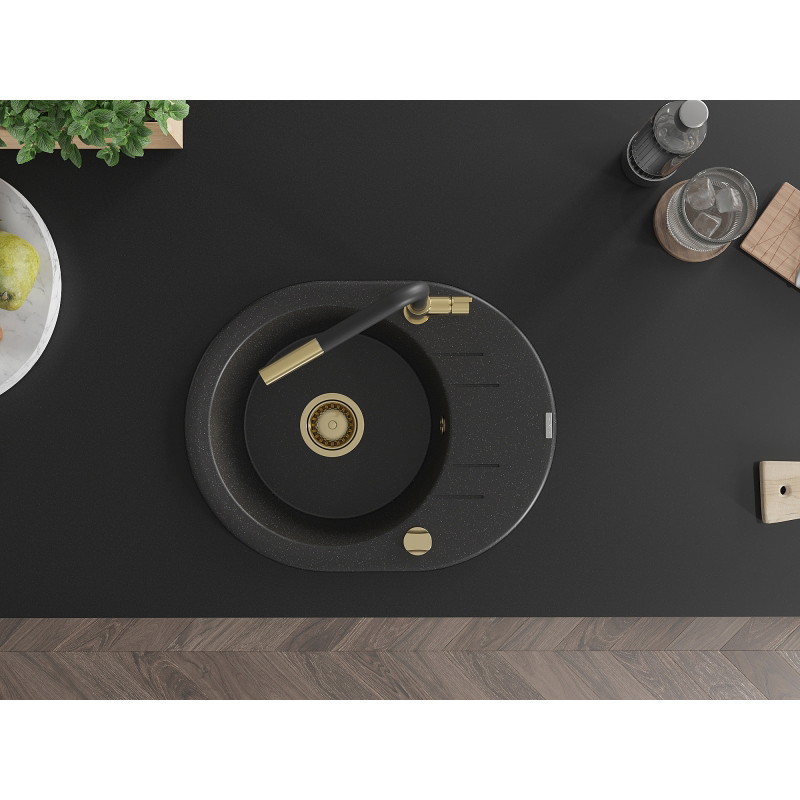 Mexen Kevin granitische gootsteen met 1 bak, afdruiprek en keukenkraan Flora, zwart/zilver metallic - 6517-73-670401-57-G