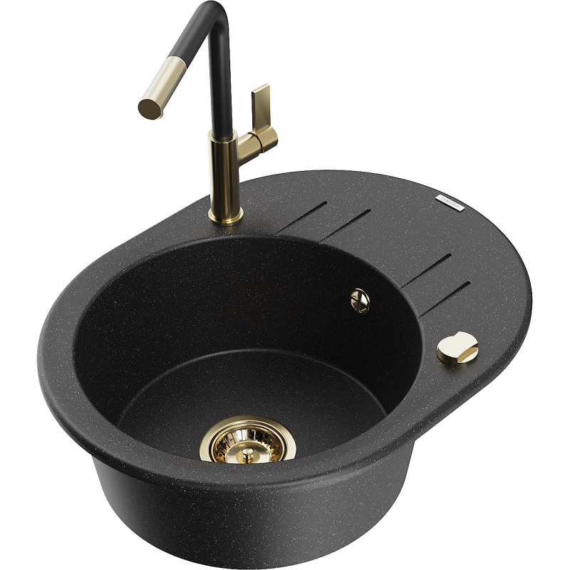 Mexen Kevin lavello in granito a 1 vasca con sgocciolatoio e rubinetto da cucina Flora, nero/metallo argentato