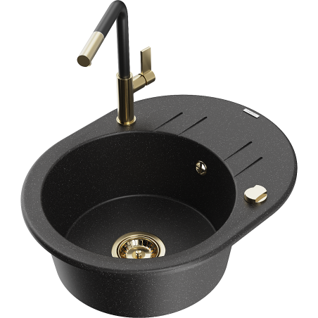 Mexen Kevin granieten spoelbak 1-komor met afdruiprek en keukenkraan Flora, zwart/zilver metallic - 6517-73-670401-57-G