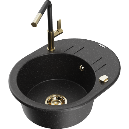 Mexen Kevin granite kitchen sink 1-bowl with drainer and Flora kitchen faucet, black/silver metallic - 6517-73-670401-57-G