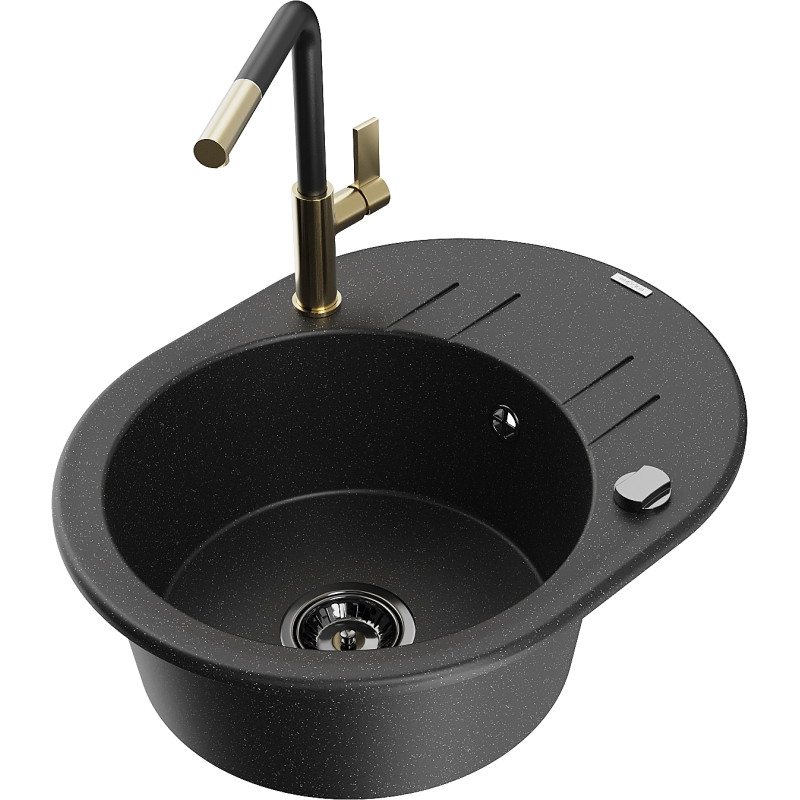 Mexen Kevin granitische spoelbak met 1 bak en afdruiprek en keukenkraan Flora, zwart/zilver metallic - 6517-73-670401-57-B