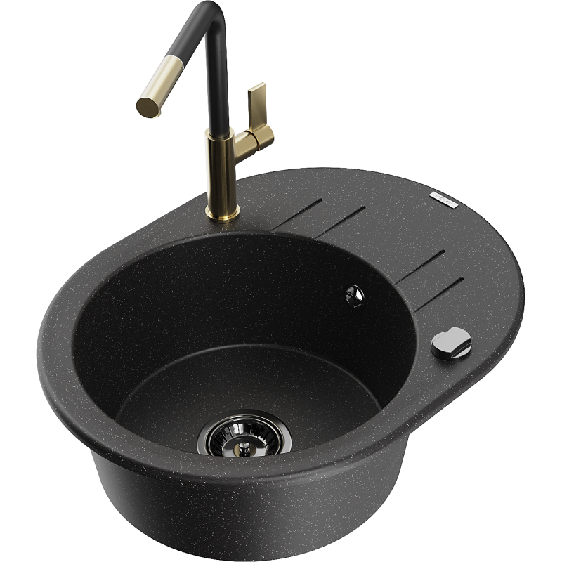 Mexen Kevin lavello in granito a 1 vasca con scolapiatti e rubinetto da cucina Flora, nero/argento metallizzato
