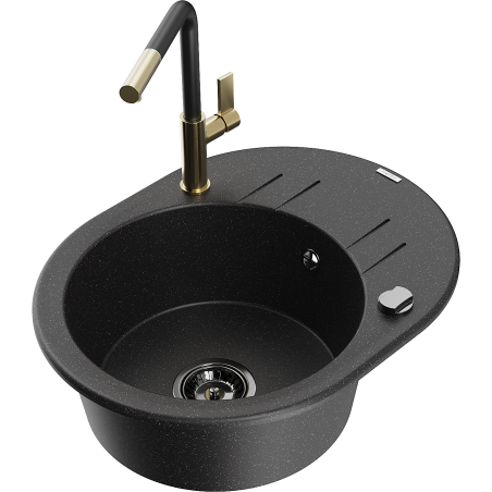 Mexen Kevin 1-bowl granite sink with drainer and Flora kitchen tap, black/silver metallic - 6517-73-670401-57-B