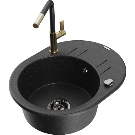 Mexen Kevin lavello in granito a 1 vasca con scolapiatti e rubinetto da cucina Flora, nero/argento metallizzato