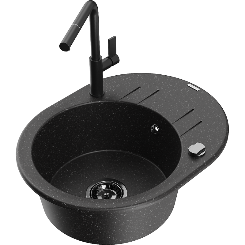 Mexen Kevin 1-bowl granite sink with drainer and Flora kitchen tap, black/silver metallic - 6517-73-670401-70-B