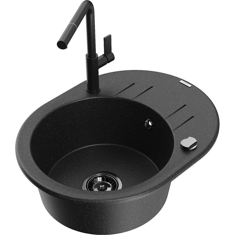 Mexen Kevin fregadero de granito 1-cubeta con escurridor y grifo de cocina Flora, negro/plateado metálico - 6517-73-670401-70-B