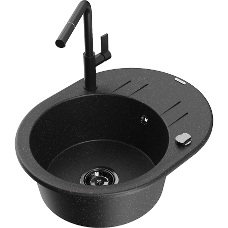 Mexen Kevin 1-bowl granite sink with drainer and Flora kitchen tap, black/silver metallic - 6517-73-670401-70-B