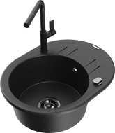 Mexen Kevin 1-bowl granite sink with drainer and Flora kitchen tap, black/silver metallic - 6517-73-670401-70-B