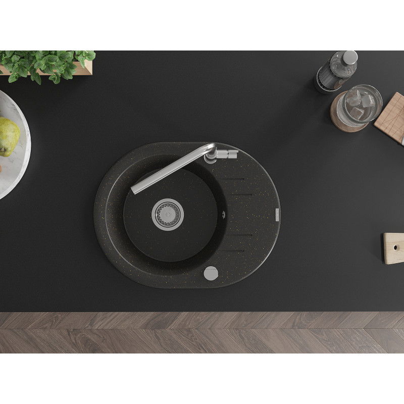 Mexen Kevin fregadero de granito 1 cubeta con escurridor y grifo de cocina Flora, negro/oro metálico - 6517-75-670401-00