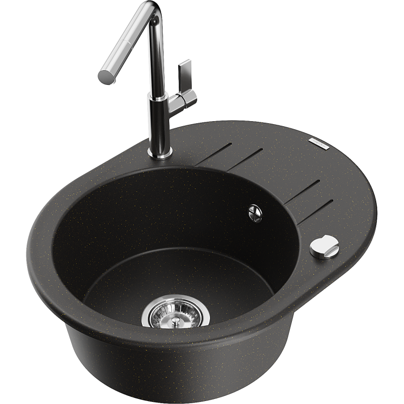 Mexen Kevin graniittinen 1-allasinen keittiöallas valutustasolla ja Flora keittiöhanalla, musta/kultainen metallihohto