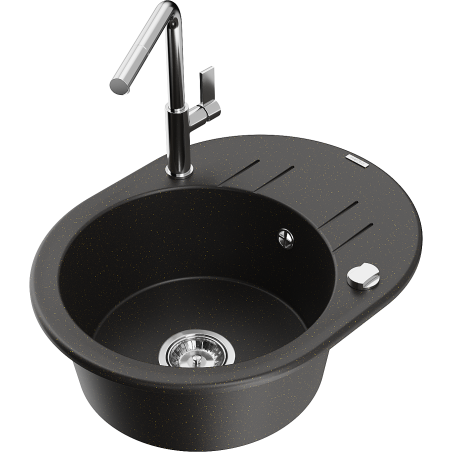 Mexen Kevin Granitspüle 1-Becken mit Abtropffläche und Küchenarmatur Flora, schwarz/gold metallic - 6517-75-670401-00