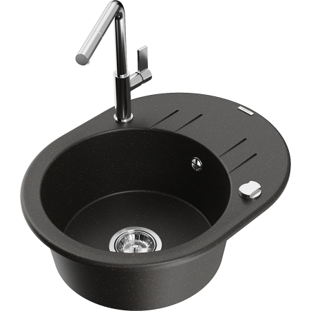 Mexen Kevin single-bowl granite sink with drainer and Flora kitchen tap, black/gold metallic - 6517-75-670401-00