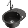 Mexen Kevin granite kitchen sink 1-bowl with drainer and Flora kitchen faucet, black/gold metallic - 6517-75-670401-00