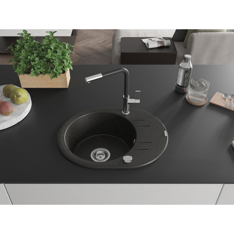 Mexen Kevin Granitspüle 1-becken mit Abtropffläche und Küchenarmatur Flora, schwarz/gold metallic - 6517-75-670401-07