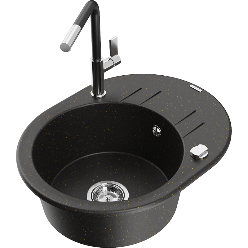 Mexen Kevin fregadero de granito de 1 seno con escurridor y grifo de cocina Flora, negro/dorado metálico - 6517-75-670401-07