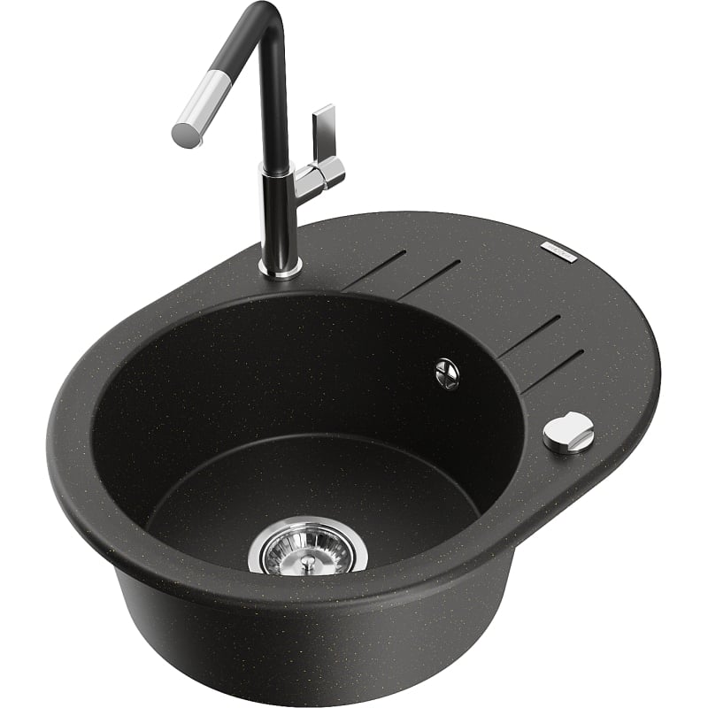 Mexen Kevin granite kitchen sink 1-bowl with drainer and Flora kitchen faucet, black/gold metallic - 6517-75-670401-07