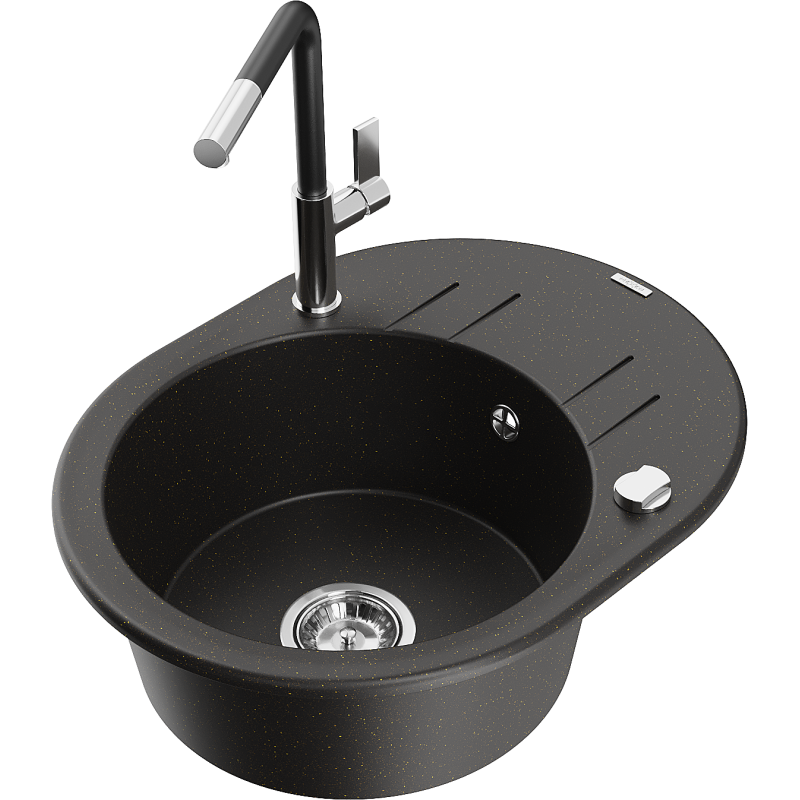 Mexen Kevin granite sink 1-bowl with drainer and kitchen tap Flora, black/gold metallic - 6517-75-670401-07