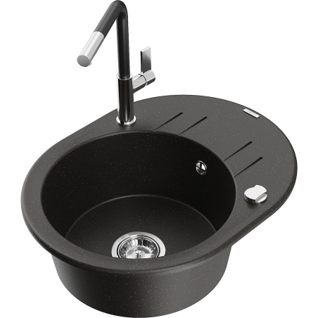 Mexen Kevin granite kitchen sink 1-bowl with drainer and Flora kitchen faucet, black/gold metallic - 6517-75-670401-07