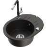 Mexen Kevin granite kitchen sink 1-bowl with drainer and Flora kitchen faucet, black/gold metallic - 6517-75-670401-07