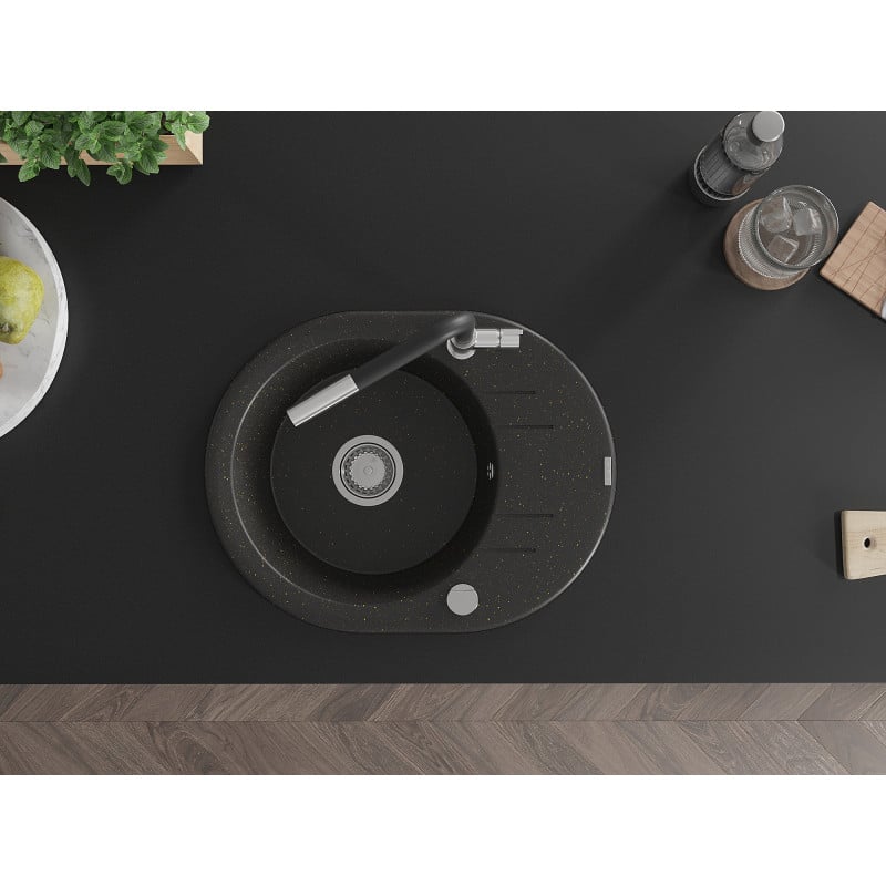 Mexen Kevin fregadero de granito de 1 seno con escurridor y grifo de cocina Flora, negro/dorado metálico - 6517-75-670401-07