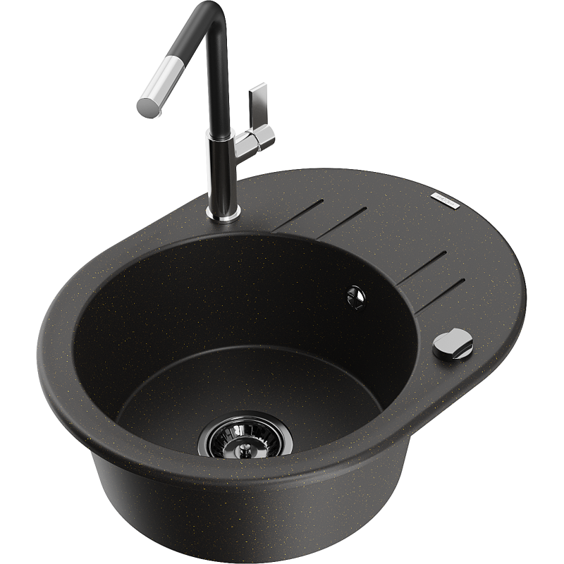 Mexen Kevin fregadero de granito de 1 seno con escurridor y grifo de cocina Flora, negro/oro metálico - 6517-75-670401-07-B