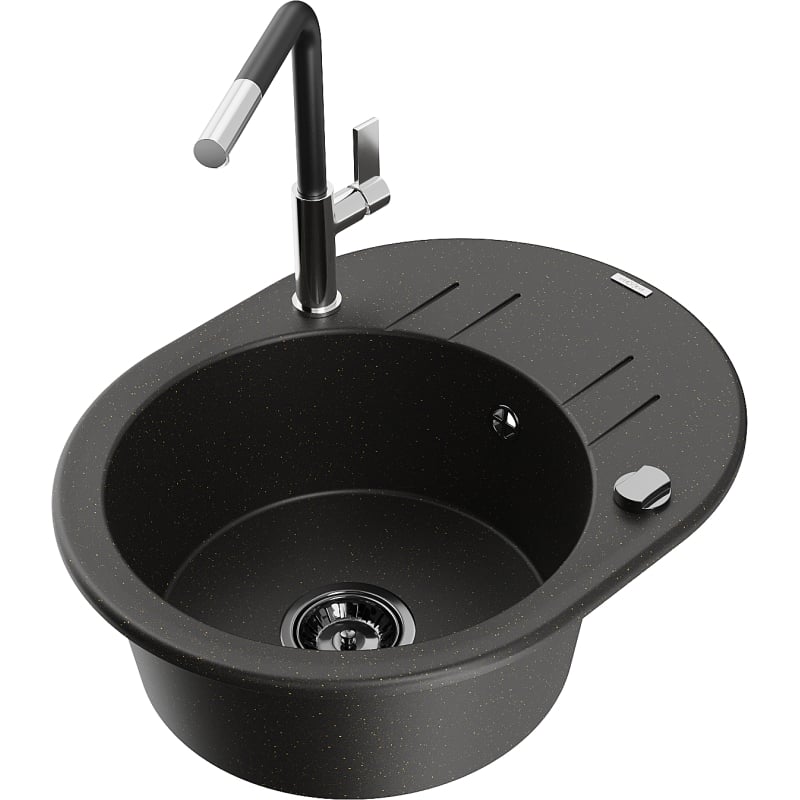 Mexen Kevin granite kitchen sink 1-bowl with drainer and kitchen faucet Flora, black/golden metallic - 6517-75-670401-07-B