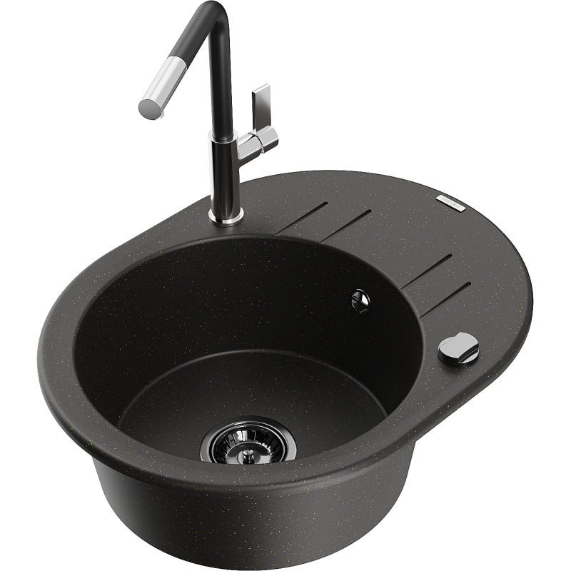 Mexen Kevin single-bowl granite sink with drainer and Flora kitchen tap, black/gold metallic - 6517-75-670401-07-B