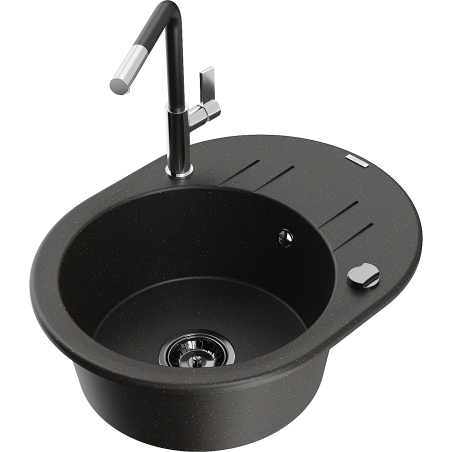 Mexen Kevin granite kitchen sink 1-bowl with drainer and kitchen faucet Flora, black/golden metallic - 6517-75-670401-07-B