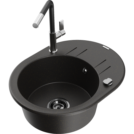 Mexen Kevin single-bowl granite sink with drainer and Flora kitchen tap, black/gold metallic - 6517-75-670401-07-B