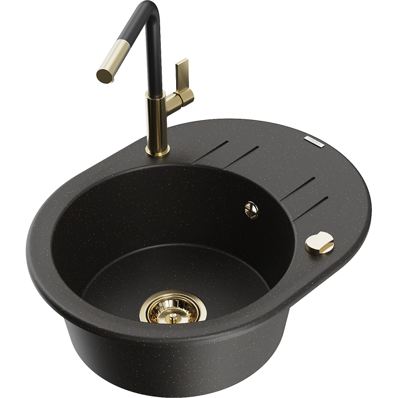 Mexen Kevin 1-bowl granite sink with drainer and Flora kitchen tap, black/golden metallic - 6517-75-670401-57-G