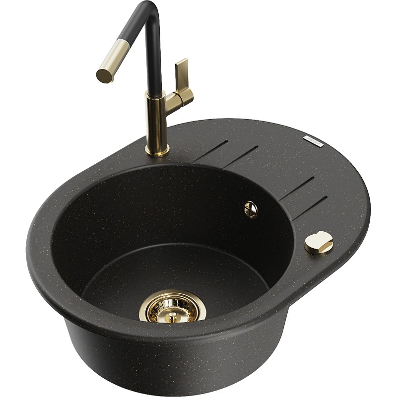 Mexen Kevin fregadero de granito de 1 cubeta con escurridor y grifo de cocina Flora, negro/dorado metálico