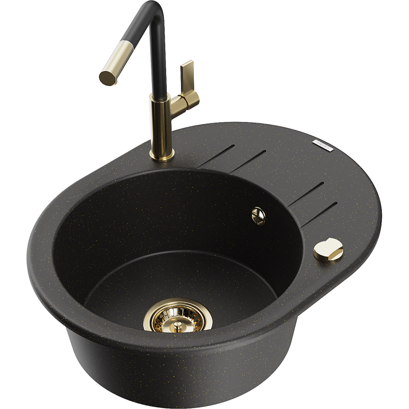 Mexen Kevin fregadero de granito de 1 tazón con escurridor y grifo de cocina Flora, negro/dorado metálico - 6517-75-670401-57-G