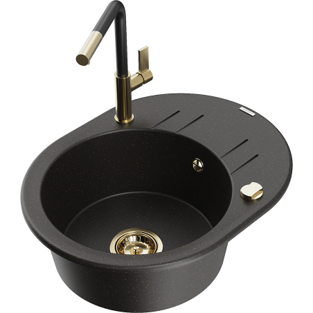 Mexen Kevin fregadero de granito de 1 tazón con escurridor y grifo de cocina Flora, negro/dorado metálico - 6517-75-670401-57-G