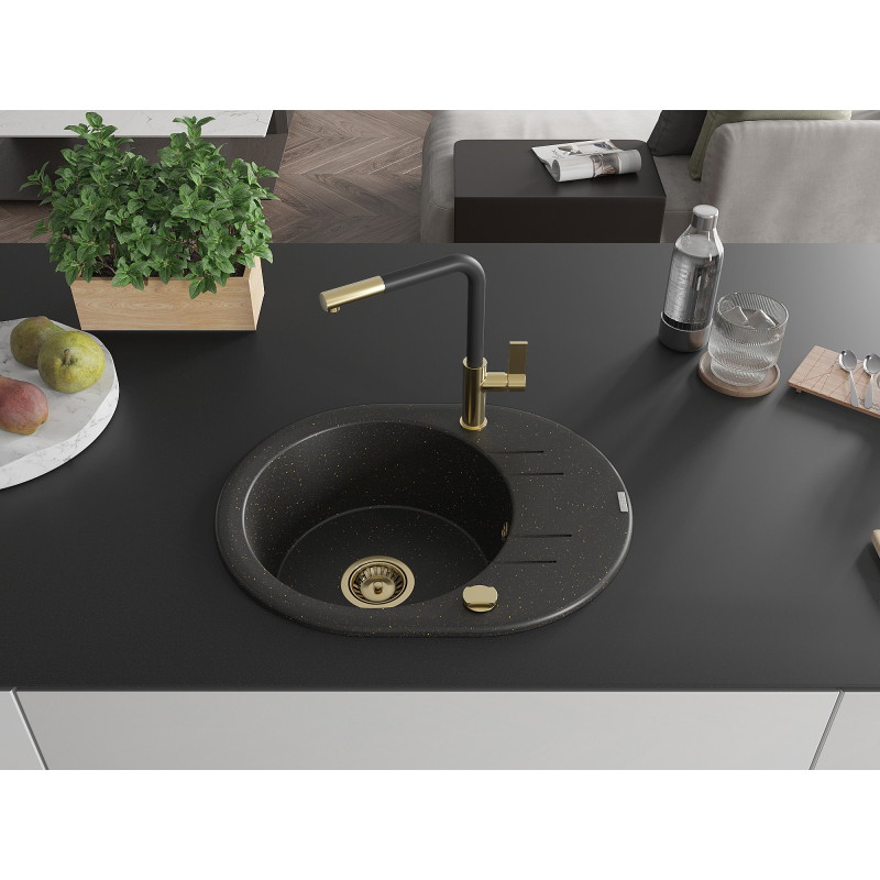 Mexen Kevin granitspüle mit 1 becken, abtropffläche und küchenarmatur Flora, schwarz/gold metallic - 6517-75-670401-57-G