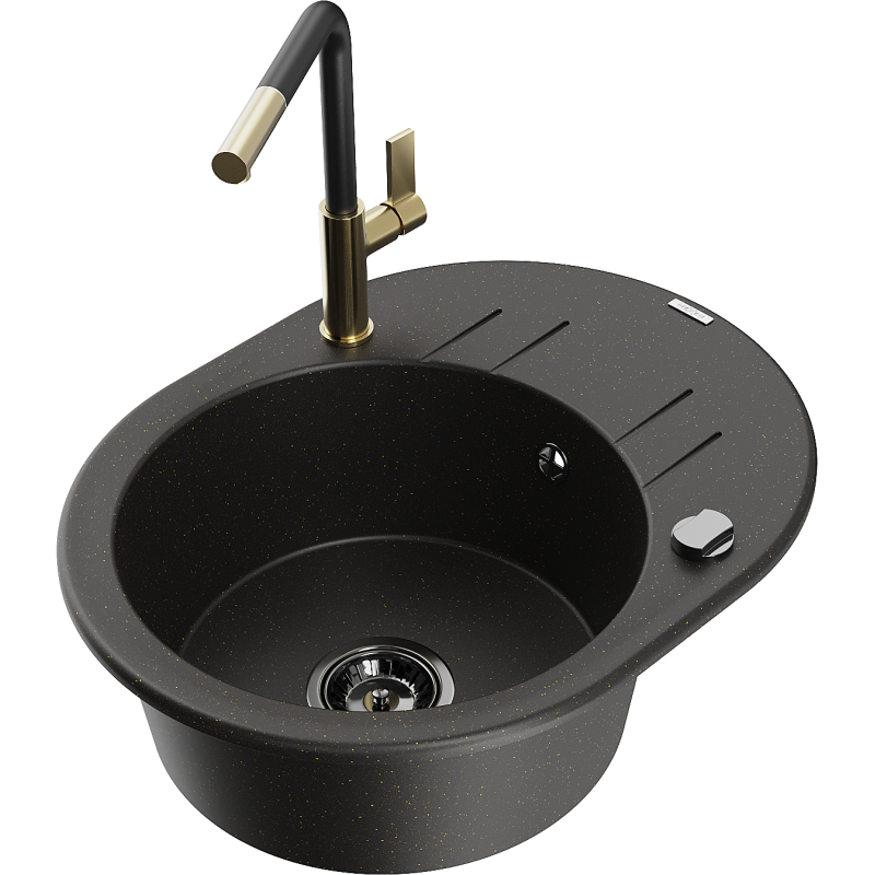 Mexen Kevin granite sink with 1 bowl, drainer, and Flora kitchen tap, black/gold metallic - 6517-75-670401-57-B
