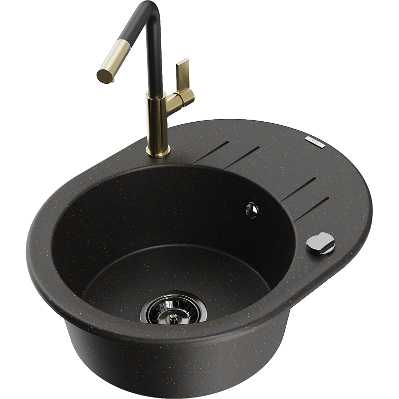 Mexen Kevin Granitspüle 1-Becken mit Abtropffläche und Küchenarmatur Flora, schwarz/gold metallic - 6517-75-670401-57-B