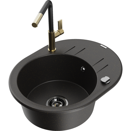 Mexen Kevin granite sink with 1 bowl, drainer, and Flora kitchen tap, black/gold metallic - 6517-75-670401-57-B