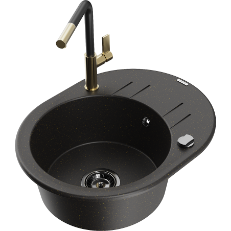 Mexen Kevin Granitspüle 1-Becken mit Abtropffläche und Küchenarmatur Flora, schwarz/gold metallic - 6517-75-670401-57-B