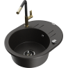 Mexen Kevin granite sink with 1 bowl, drainer, and Flora kitchen tap, black/gold metallic - 6517-75-670401-57-B