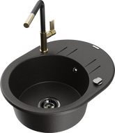 Mexen Kevin granite sink with 1 bowl, drainer, and Flora kitchen tap, black/gold metallic - 6517-75-670401-57-B
