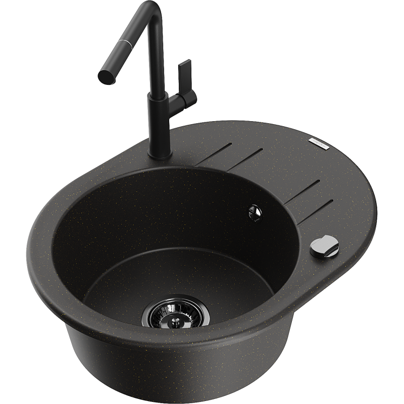 Mexen Kevin 1-Bowl Granite Sink with Drainer and Flora Kitchen Tap, Black/Gold Metallic - 6517-75-670401-70-B